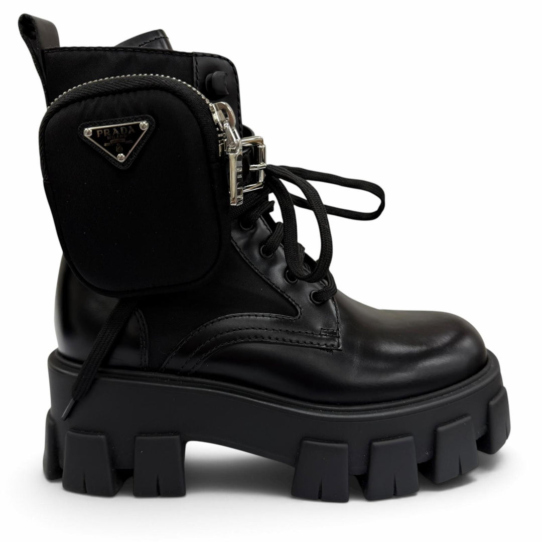 Great PRADA short boots monolith Triangle logo pouch included black leather 35