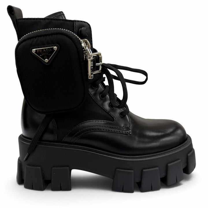 Great PRADA short boots monolith Triangle logo pouch included black leather 35