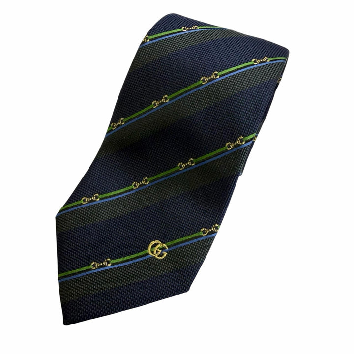 Excellent GUCCI tie Regimental stripe horsebit GG logo Navy silk mens 765041