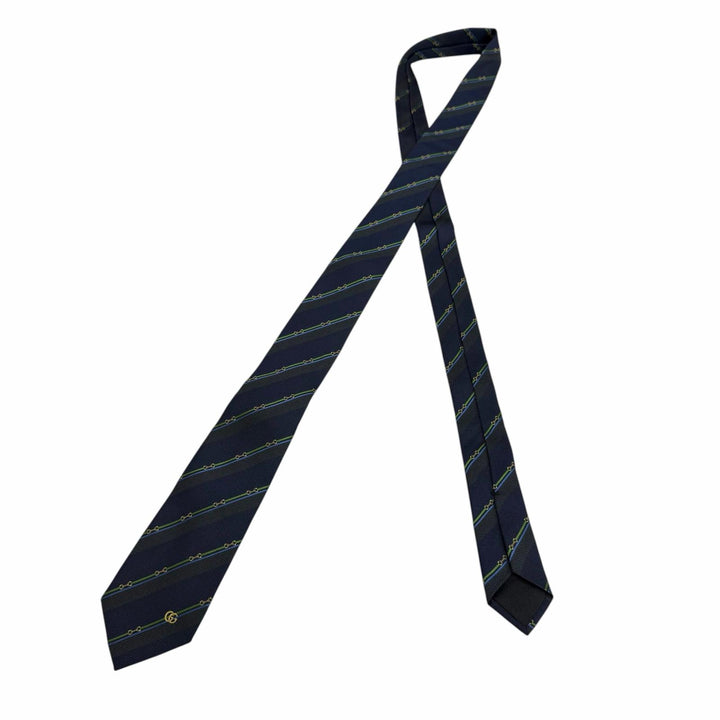 Excellent GUCCI tie Regimental stripe horsebit GG logo Navy silk mens 765041