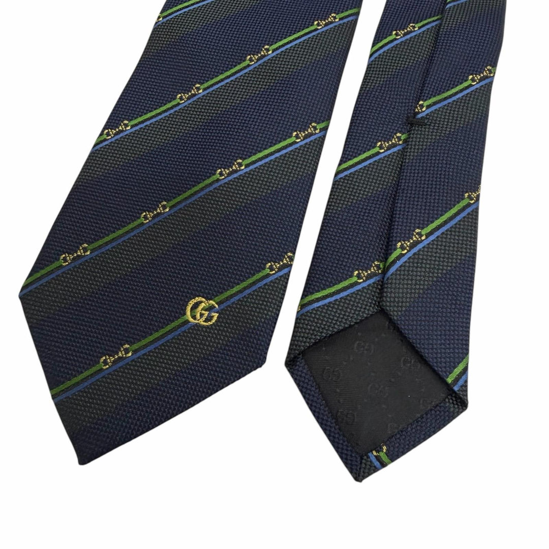Excellent GUCCI tie Regimental stripe horsebit GG logo Navy silk mens 765041