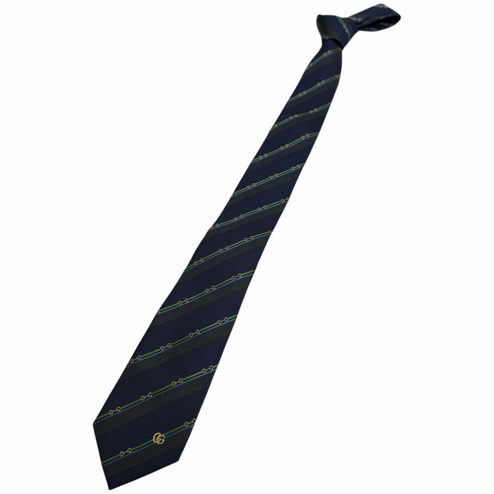 Excellent GUCCI tie Regimental stripe horsebit GG logo Navy silk mens 765041