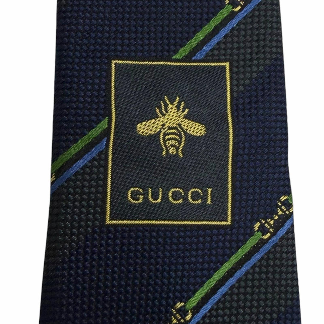 Excellent GUCCI tie Regimental stripe horsebit GG logo Navy silk mens 765041