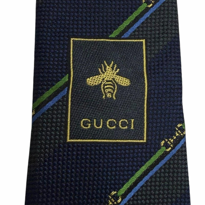 Excellent GUCCI tie Regimental stripe horsebit GG logo Navy silk mens 765041