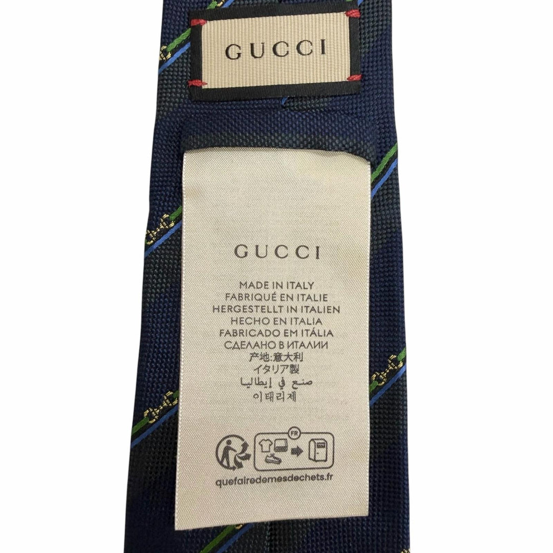 Excellent GUCCI tie Regimental stripe horsebit GG logo Navy silk mens 765041