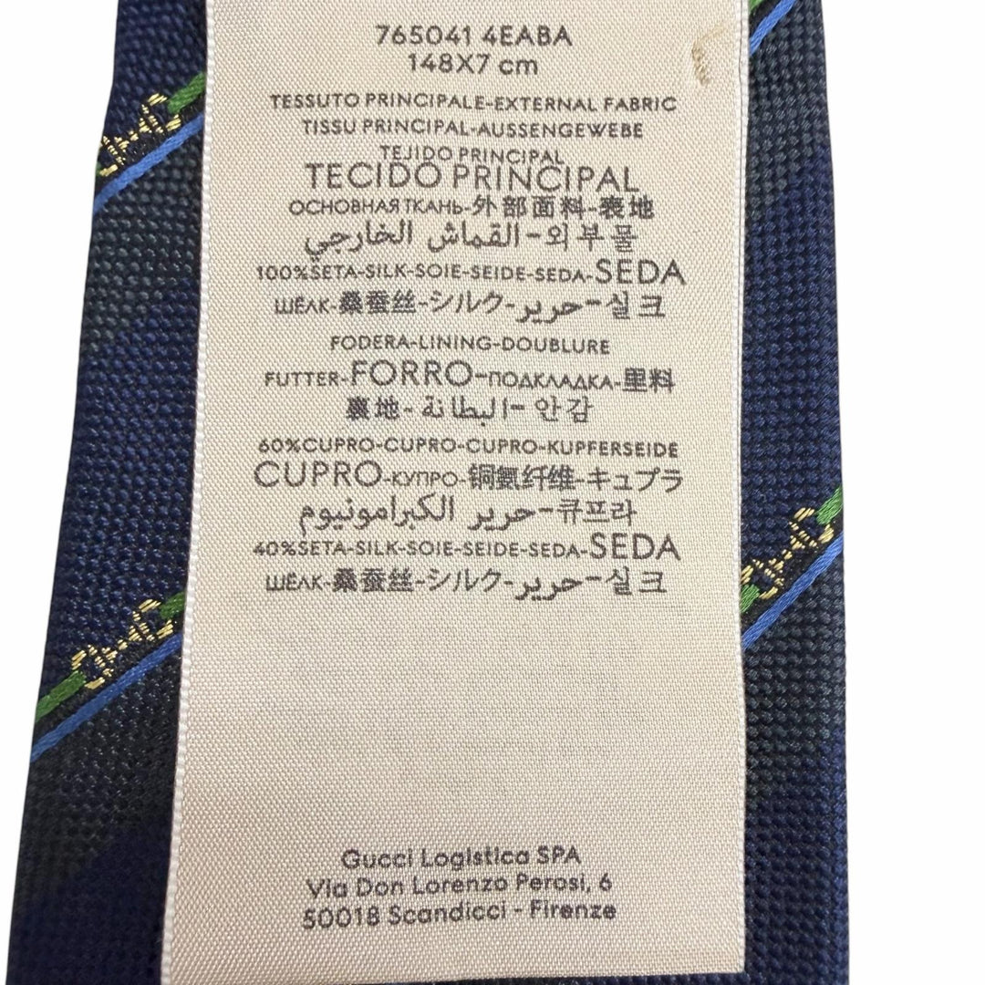 Excellent GUCCI tie Regimental stripe horsebit GG logo Navy silk mens 765041