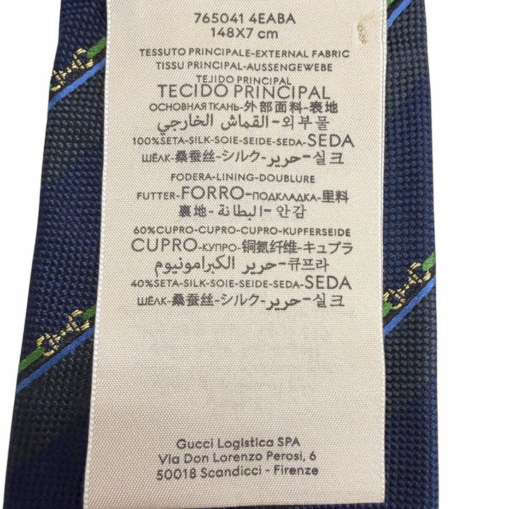 Excellent GUCCI tie Regimental stripe horsebit GG logo Navy silk mens 765041