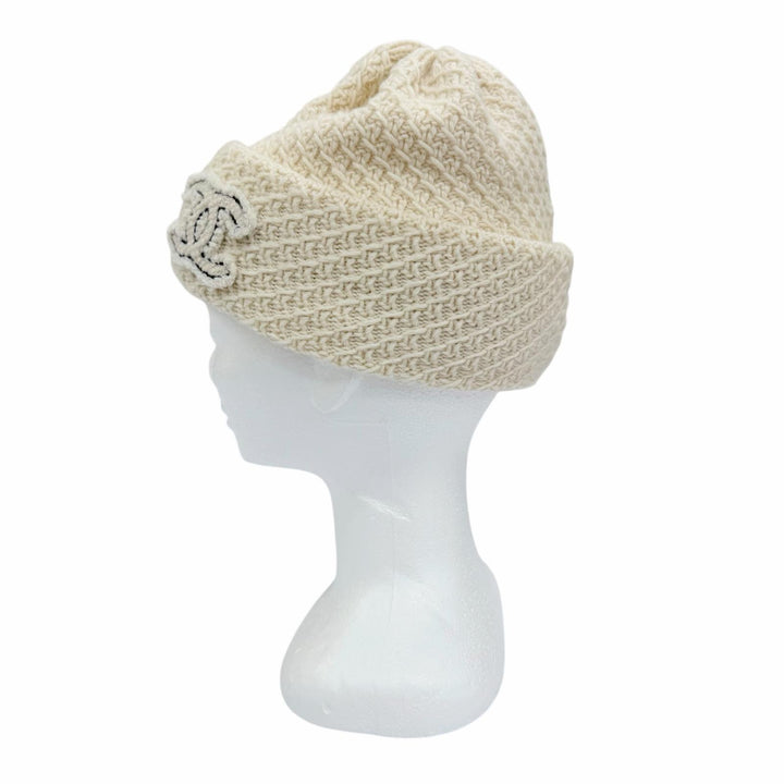 Great CHANEL Knit cap Tweed COCO Mark Beanie off white cashmere Women 24A