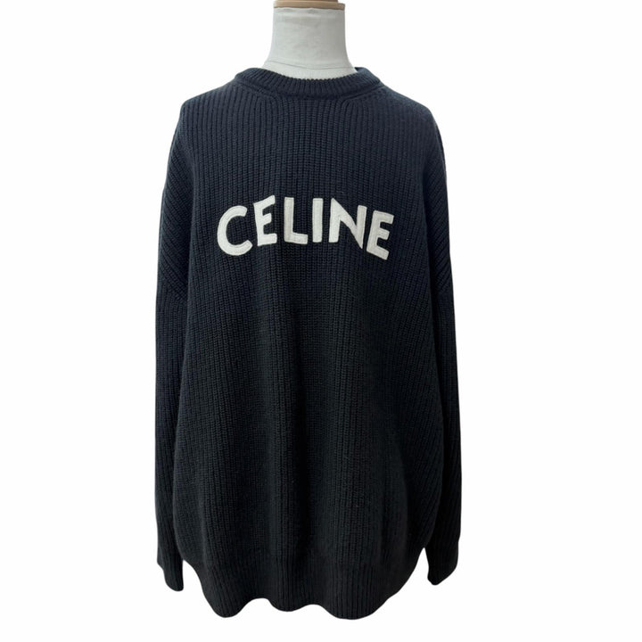 Great CELINE sweater Logo crew neck knit black wool mens L 2A19R205O