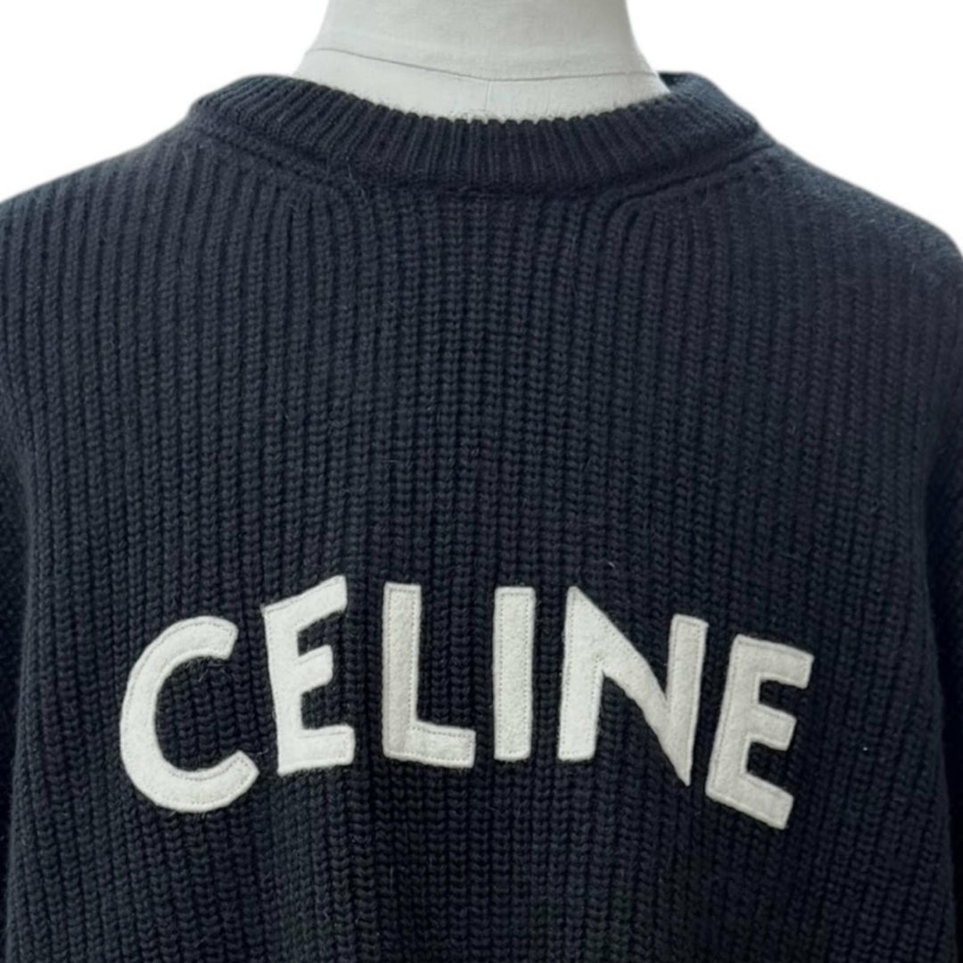 Great CELINE sweater Logo crew neck knit black wool mens L 2A19R205O