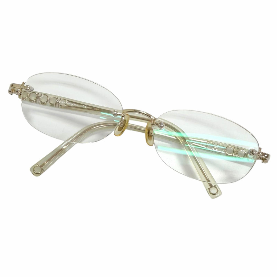 Great Salvatore Ferragamo Glasses Double Gancini Two-Point White gold K14WG mens