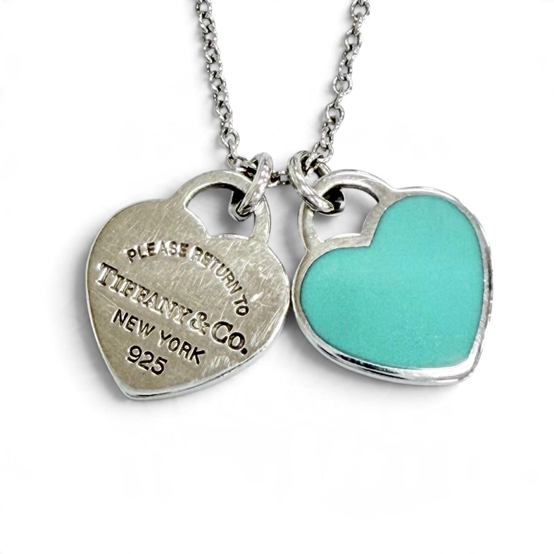 Great TIFFANY&Co. Necklace Blue Double Heart Tag Mini Pendant Silver AG925