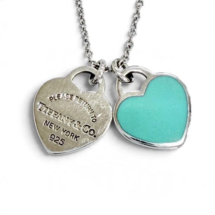 Great TIFFANY&Co. Necklace Blue Double Heart Tag Mini Pendant Silver AG925