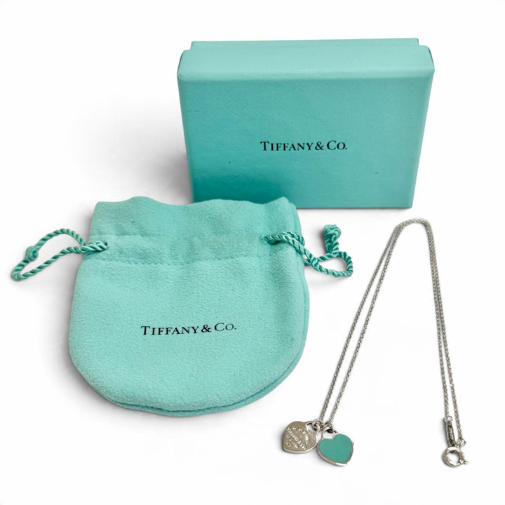 Great TIFFANY&Co. Necklace Blue Double Heart Tag Mini Pendant Silver AG925