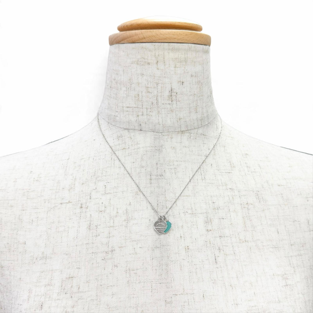 Great TIFFANY&Co. Necklace Blue Double Heart Tag Mini Pendant Silver AG925