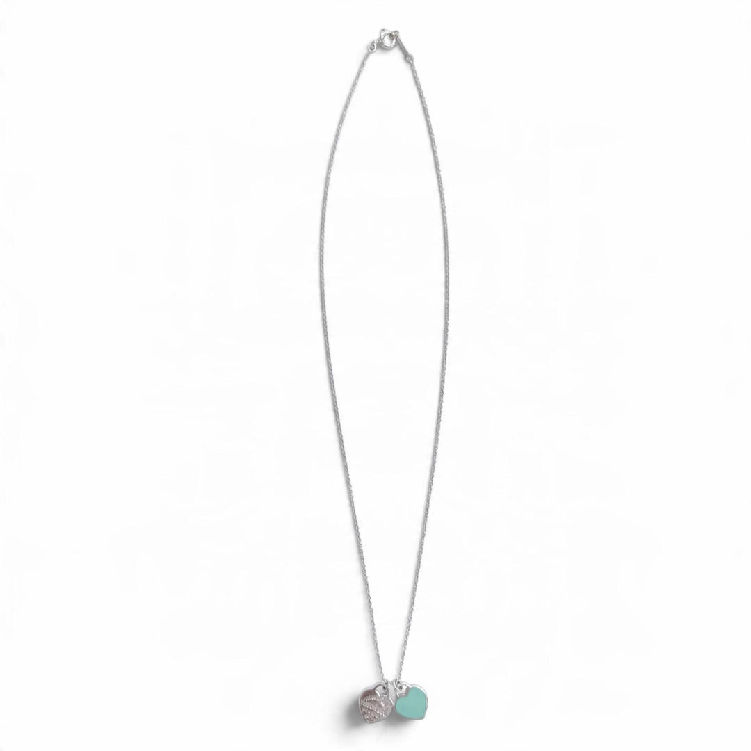 Great TIFFANY&Co. Necklace Blue Double Heart Tag Mini Pendant Silver AG925