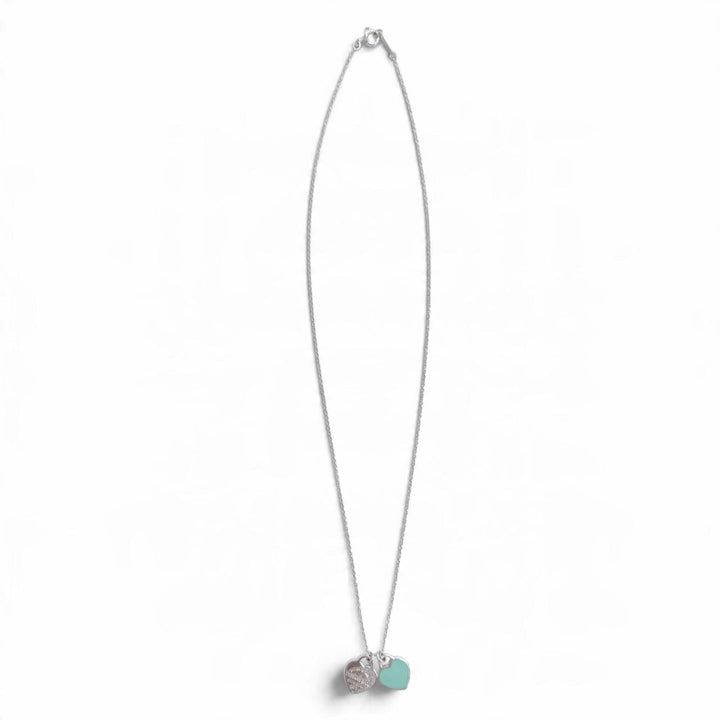 Great TIFFANY&Co. Necklace Blue Double Heart Tag Mini Pendant Silver AG925