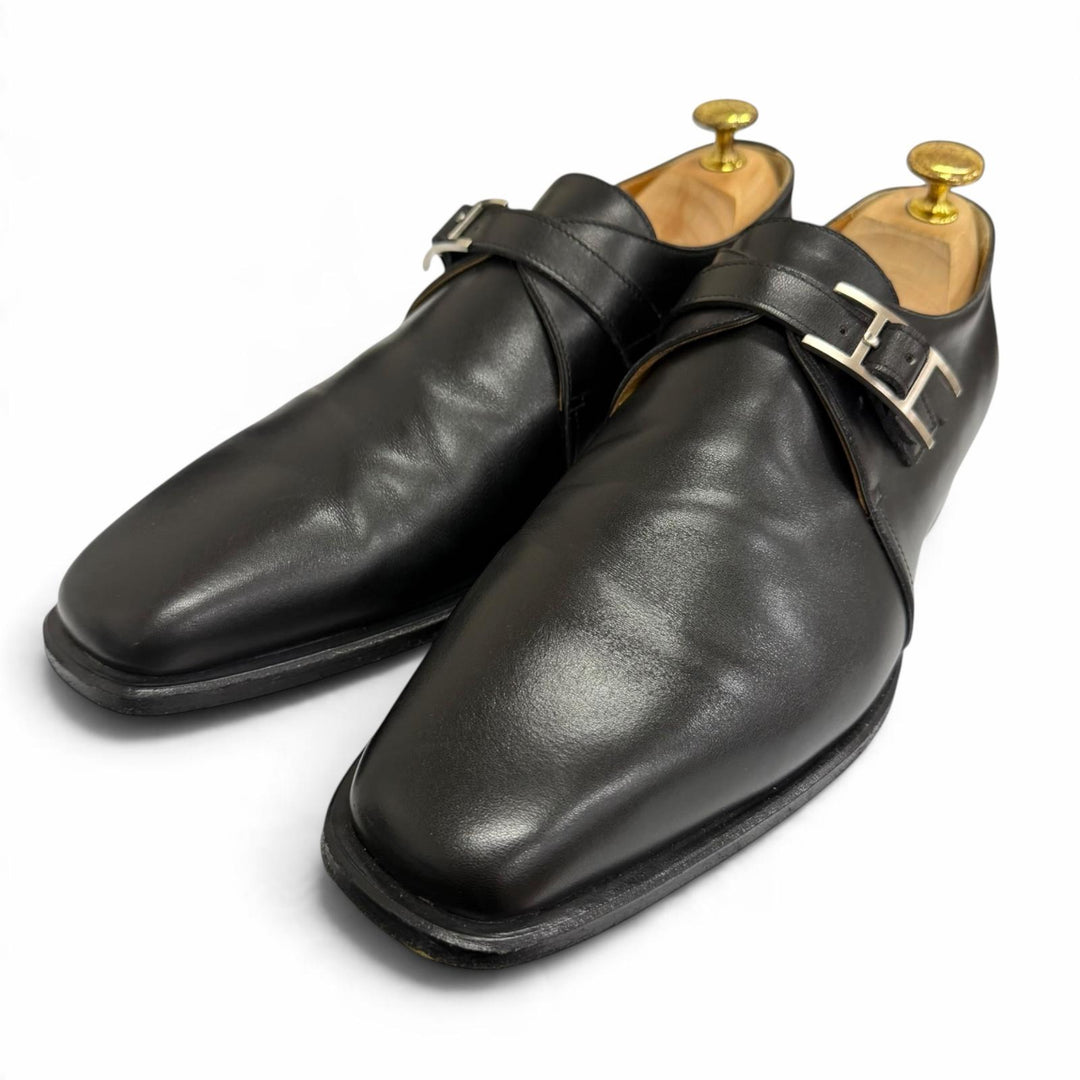 Great HERMES Leather shoes Api single monk strap black leather mens 41.5