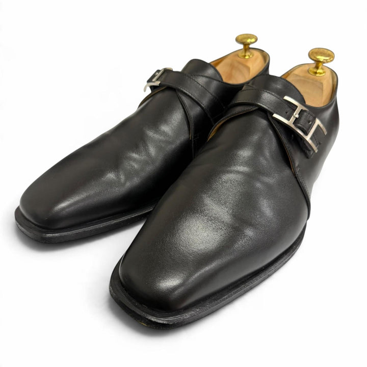 Great HERMES Leather shoes Api single monk strap black leather mens 41.5