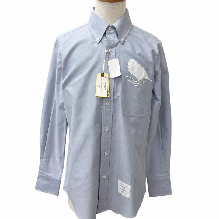 Pristine THOM BROWNE Long sleeve shirt Solid Oxford Embroidered Whale Shirt