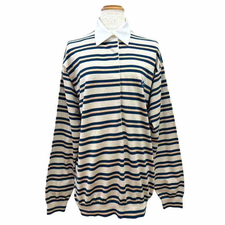 Pristine LOUIS VUITTON Striped Pattern Long-Sleeve Polo Shirt Top beige silk S