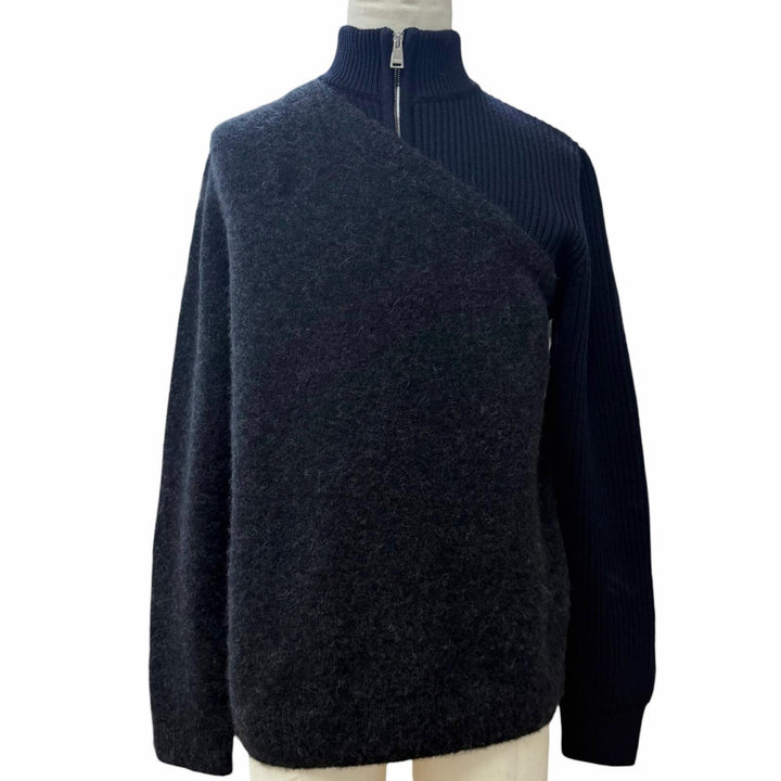 Excellent FENDI sweater Mixed-material half-zip knit Navy wool 48 FZC459 APP4