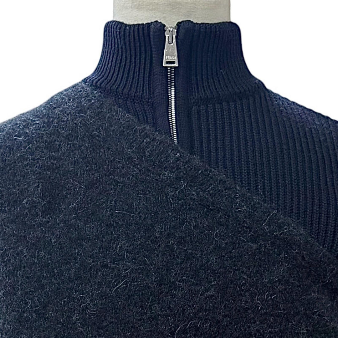 Excellent FENDI sweater Mixed-material half-zip knit Navy wool 48 FZC459 APP4