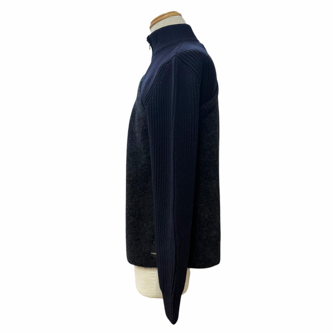 Excellent FENDI sweater Mixed-material half-zip knit Navy wool 48 FZC459 APP4