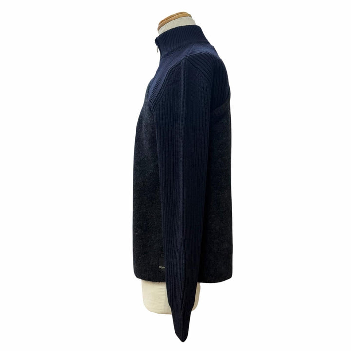 Excellent FENDI sweater Mixed-material half-zip knit Navy wool 48 FZC459 APP4