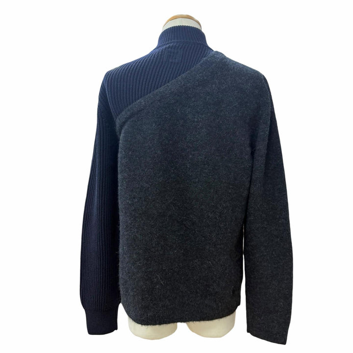 Excellent FENDI sweater Mixed-material half-zip knit Navy wool 48 FZC459 APP4