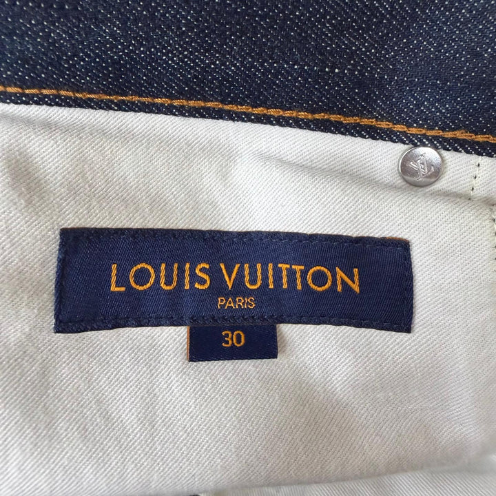 Excellent LOUIS VUITTON Denim pants Leather patch with logo Indigo blue