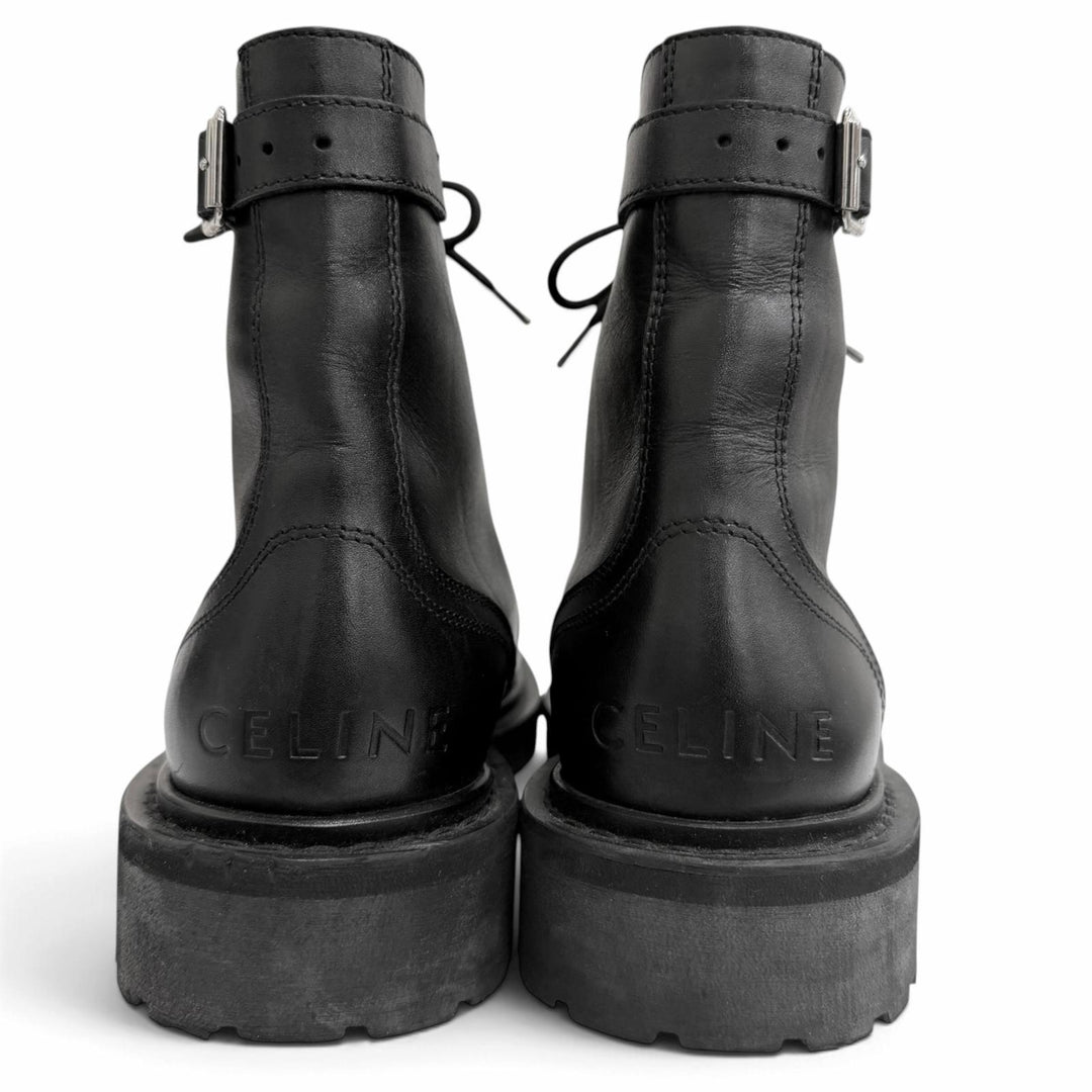 Great CELINE boots BUCKLE LACE UP BOOTS Buckle Combat black leather mens IT 42