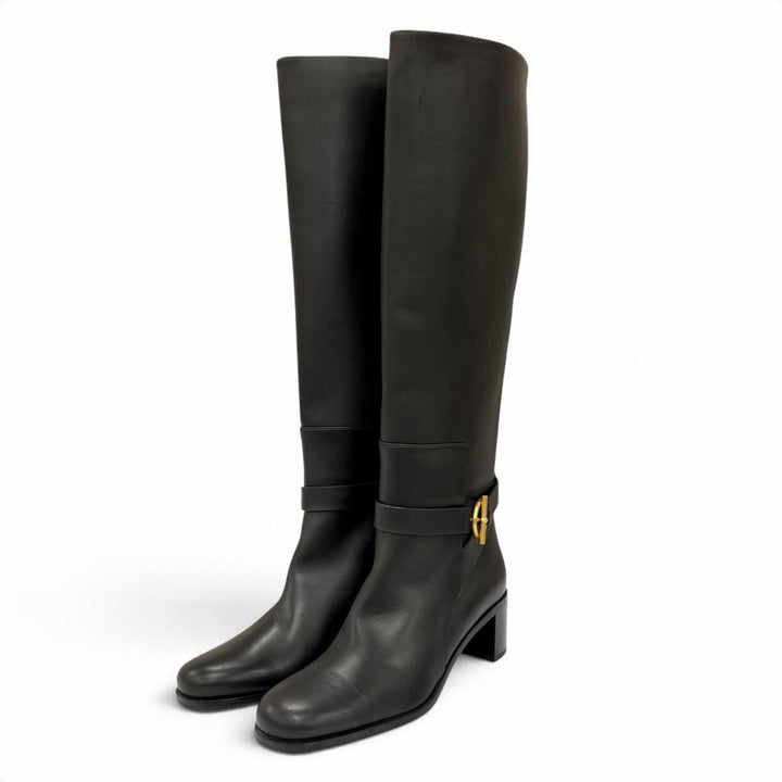 Pristine HERMES Knee-high boots Boots Justin 50 Glenan Buckle Leather black 38.5