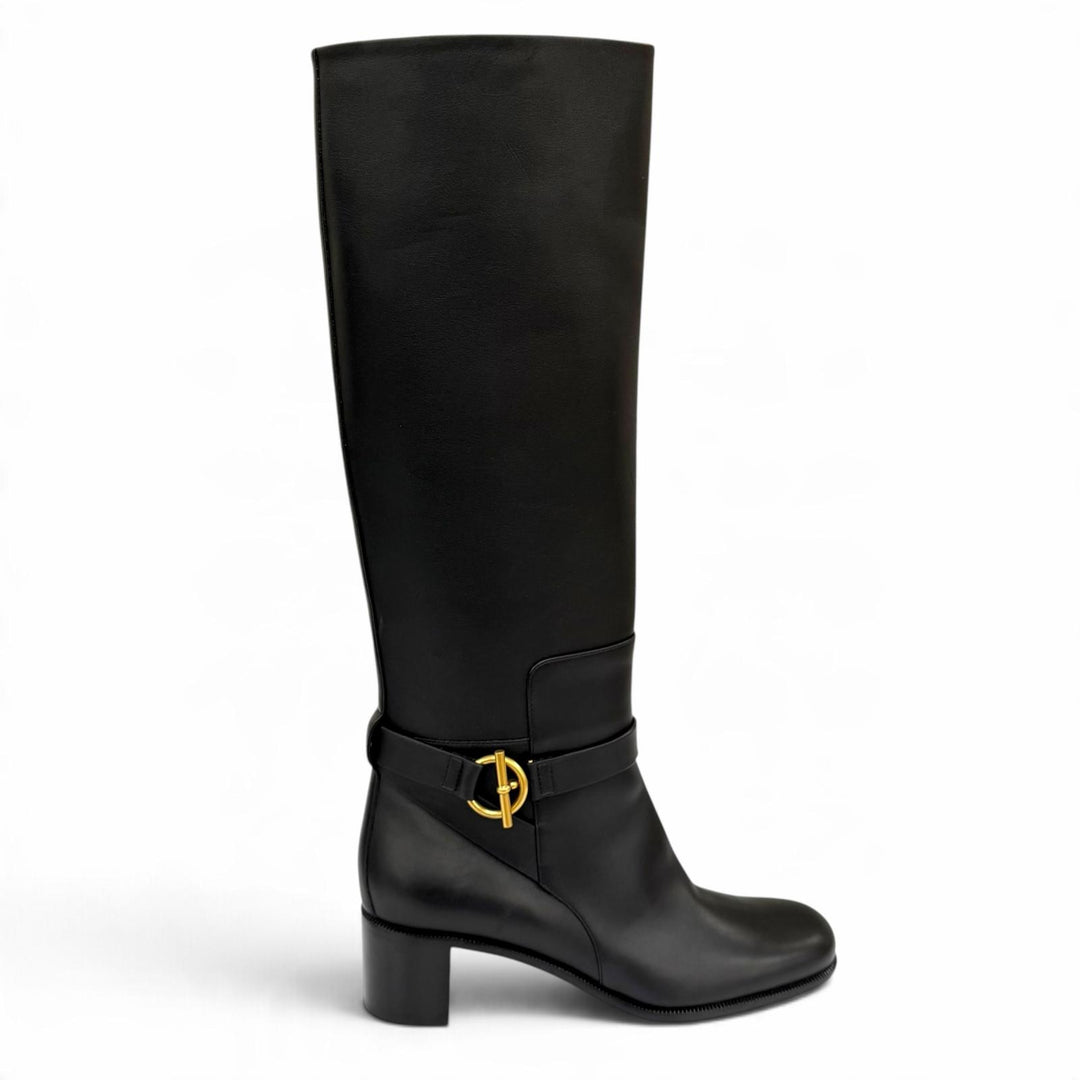 Pristine HERMES Knee-high boots Boots Justin 50 Glenan Buckle Leather black 38.5