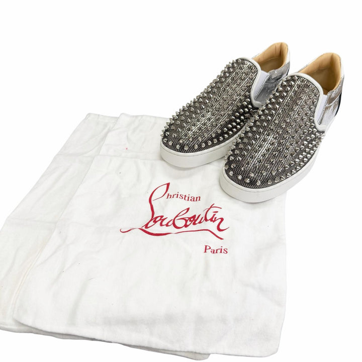 Pristine Christian Louboutin Slip-on Roller boat Spike studs Silver leather