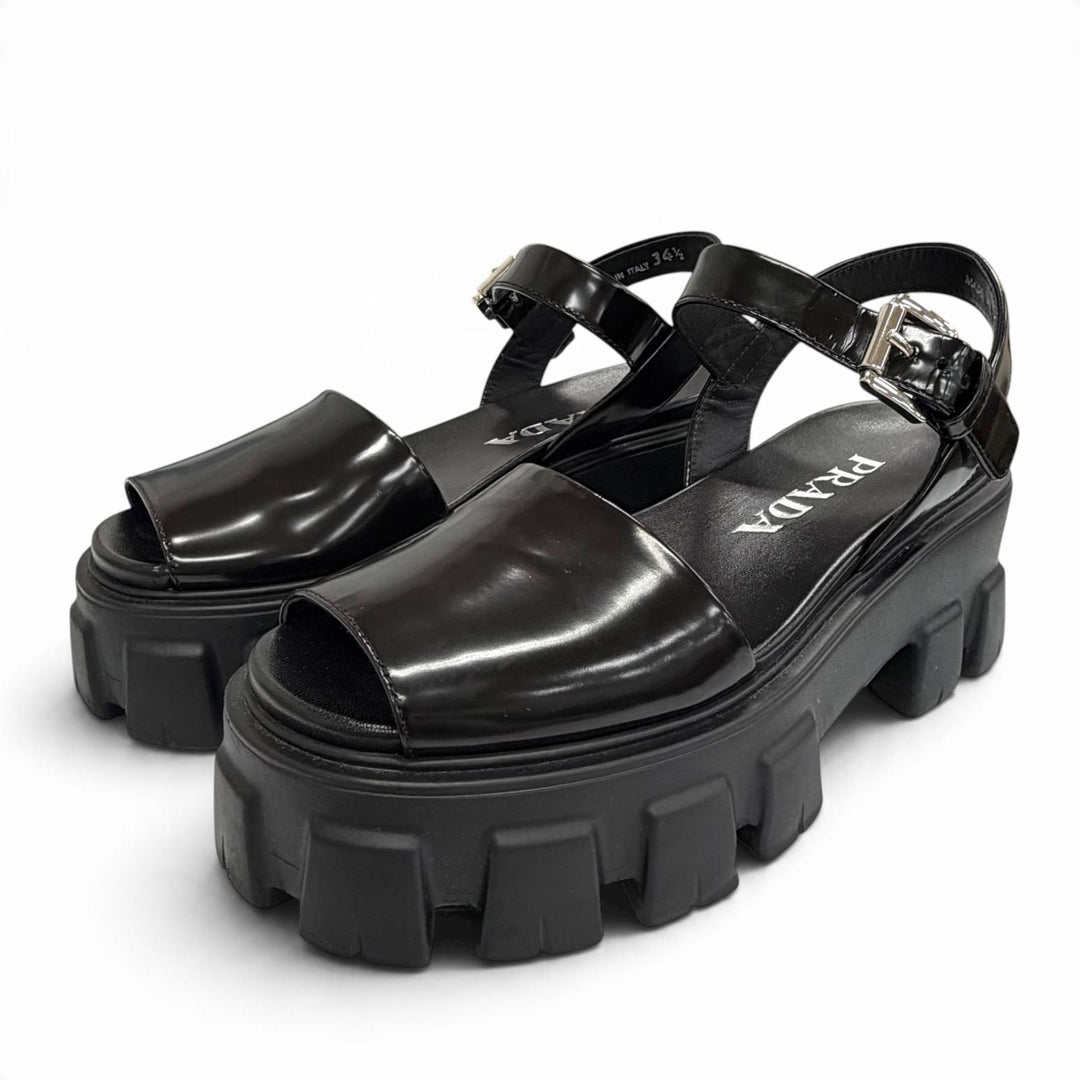 Excellent PRADA Sandals monolith Ankle strap platform black Brushed leather 34.5