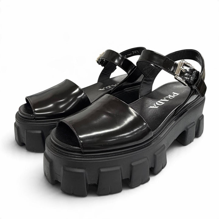 Excellent PRADA Sandals monolith Ankle strap platform black Brushed leather 34.5