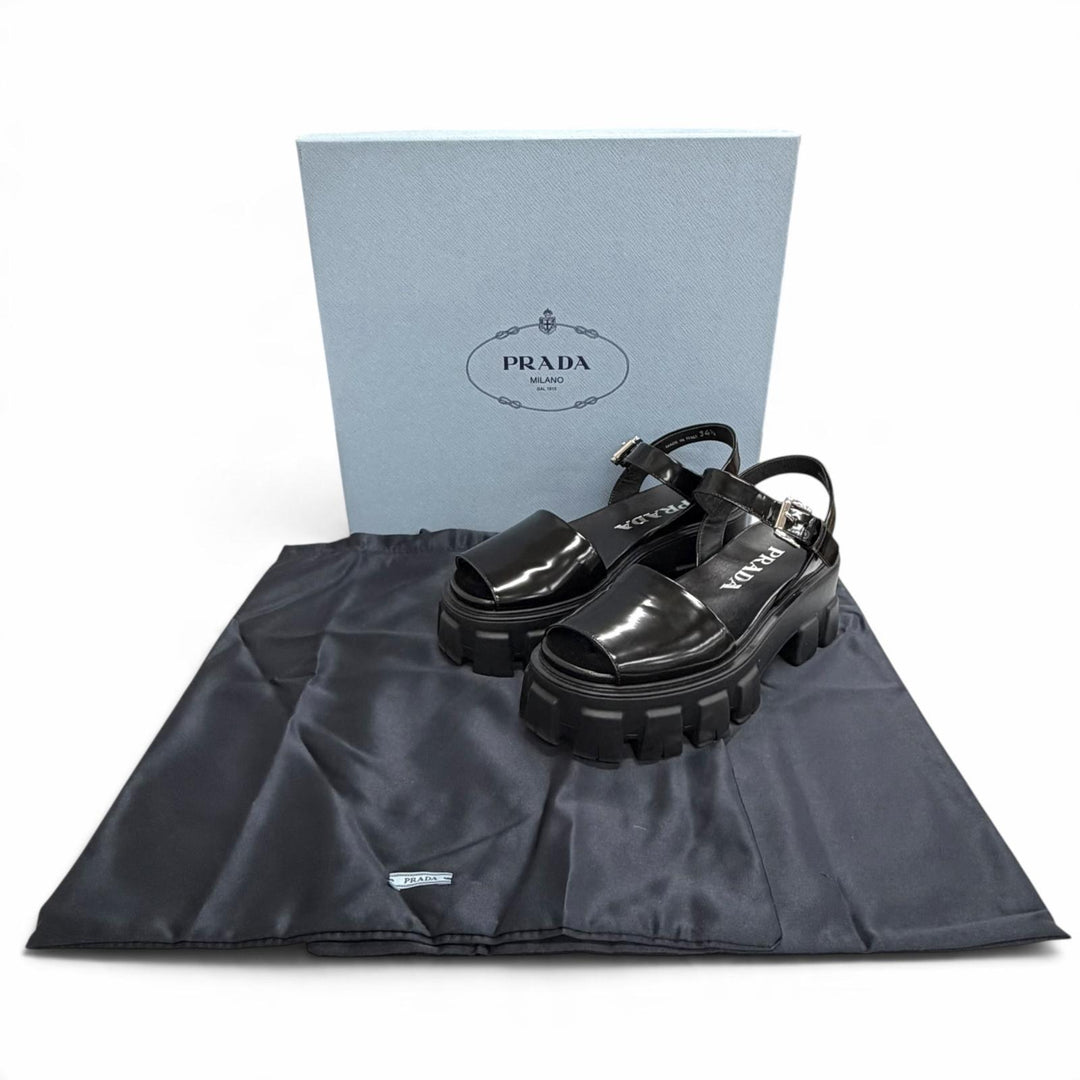 Excellent PRADA Sandals monolith Ankle strap platform black Brushed leather 34.5