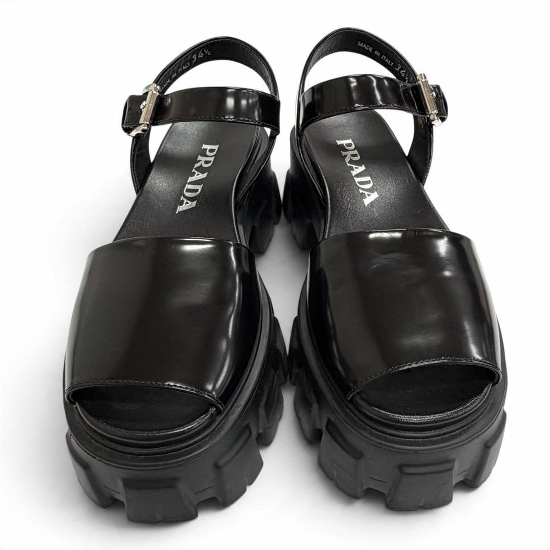 Excellent PRADA Sandals monolith Ankle strap platform black Brushed leather 34.5