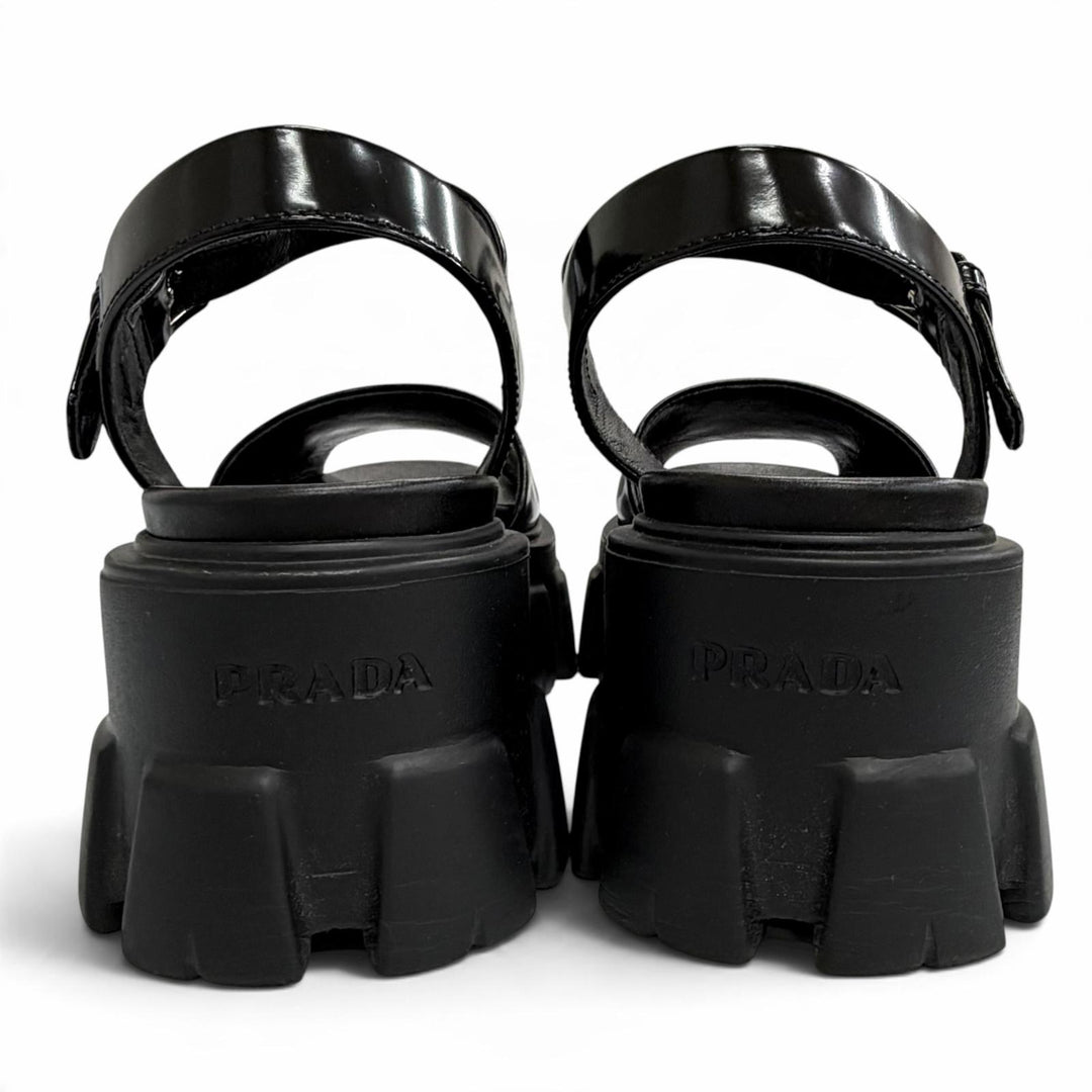 Excellent PRADA Sandals monolith Ankle strap platform black Brushed leather 34.5