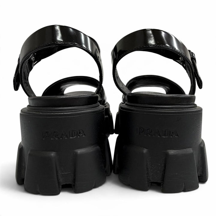 Excellent PRADA Sandals monolith Ankle strap platform black Brushed leather 34.5