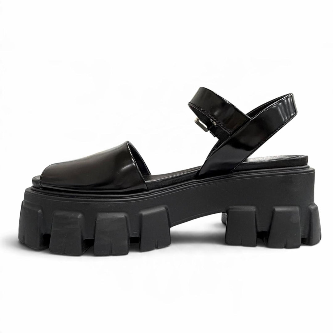 Excellent PRADA Sandals monolith Ankle strap platform black Brushed leather 34.5