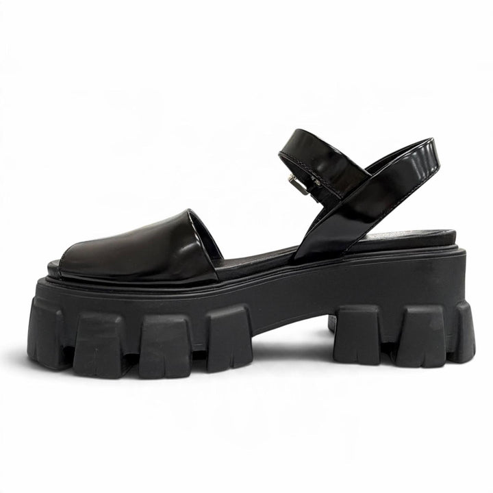 Excellent PRADA Sandals monolith Ankle strap platform black Brushed leather 34.5