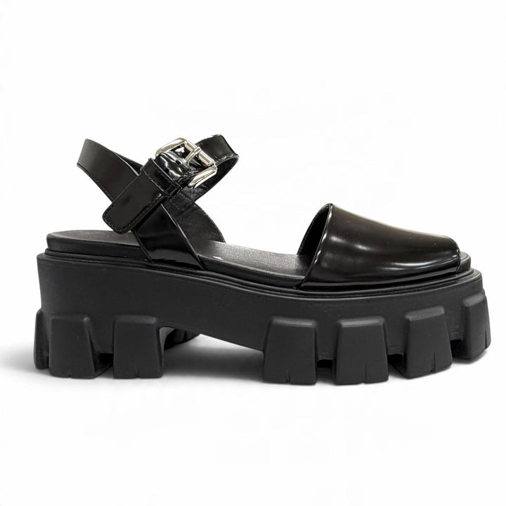 Excellent PRADA Sandals monolith Ankle strap platform black Brushed leather 34.5