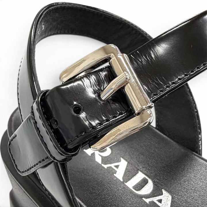 Excellent PRADA Sandals monolith Ankle strap platform black Brushed leather 34.5