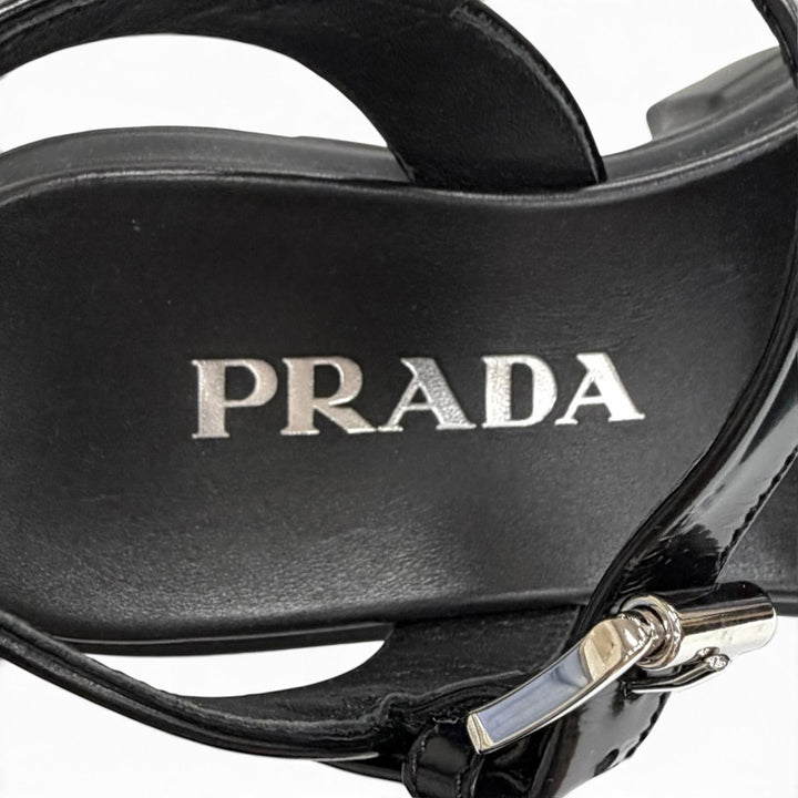 Excellent PRADA Sandals monolith Ankle strap platform black Brushed leather 34.5