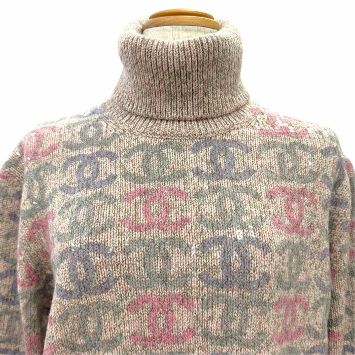 Discounted Excellent CHANEL COCO Mark sequin-embellished knit sweater cashmere 42 P73878