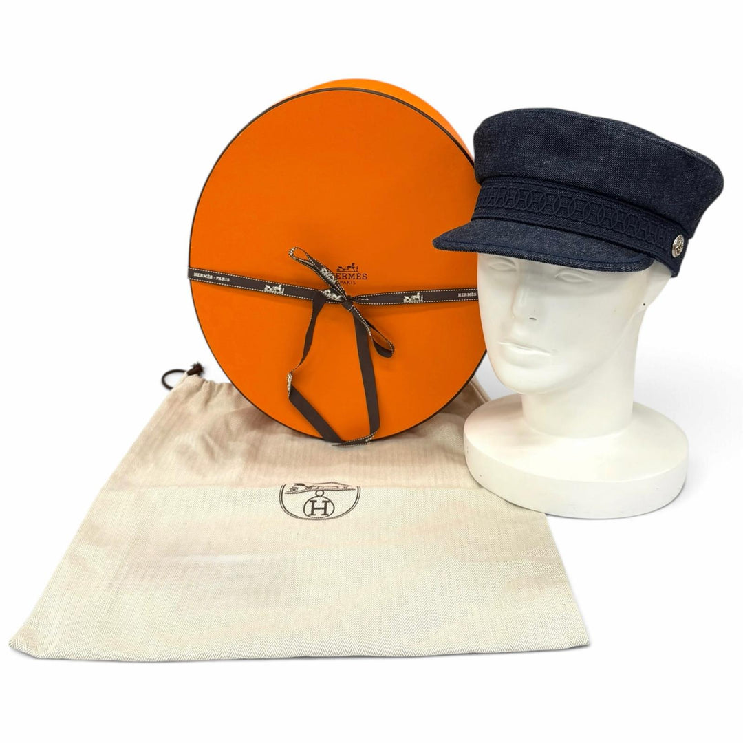 Excellent HERMES Casquette Kabul Casquette Denim Indigo cotton Women FR 56