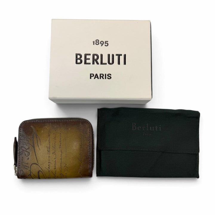 Excellent BERLUTI Coin case WAPA Calligraphy Brown Venice Calfskin Leather mens