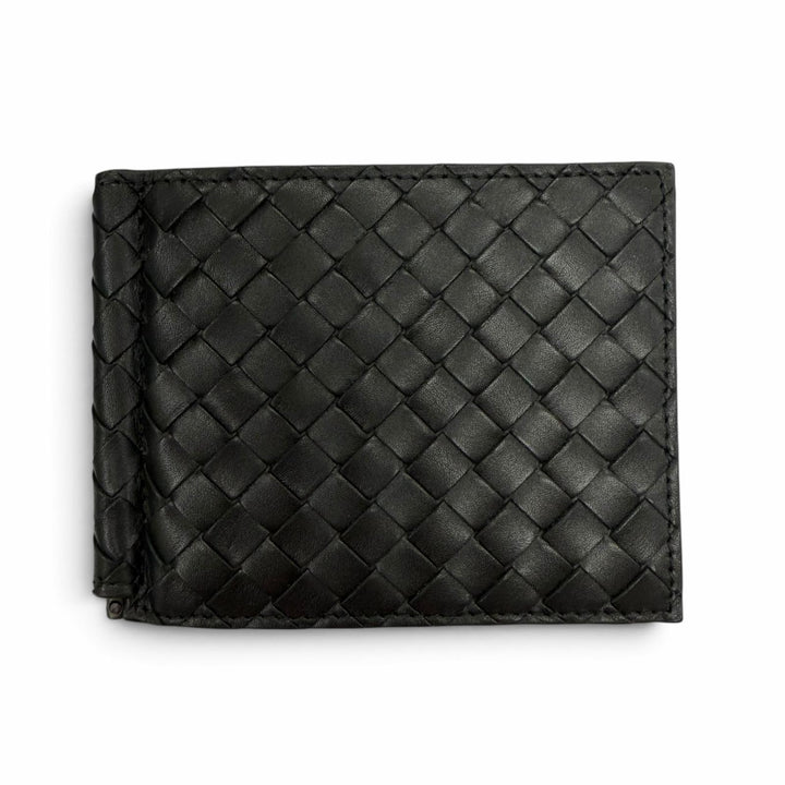 Great BOTTEGAVENETA Bifold Wallet INTRECCIATO MONEY CLIP black leather 123180